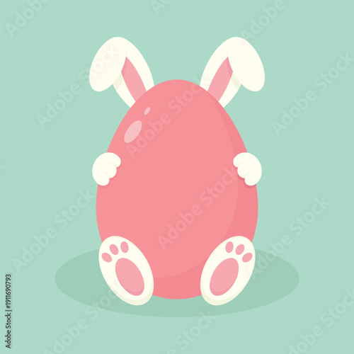 A cute little Easter bunny hiding behind a big Easter egg. Easter holiday element. Happy Easter vector illustration.