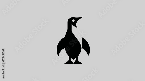 A simple, black silhouette of a bird with open beak on a light gray background