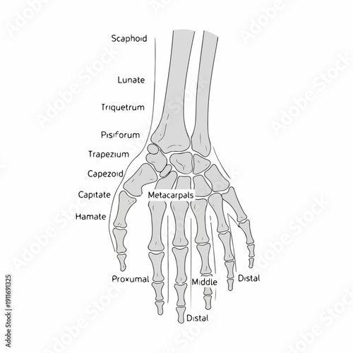 Anatomy Diagram of the Human Hand and Wrist Bones, illustrating the Carpal Bones, Metacarpals, and Phalanges with detailed anatomical labels.