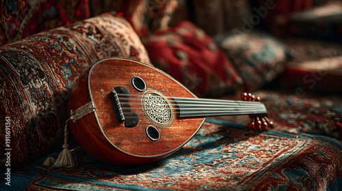 Closeup of an Oud on a Decorative Oriental Rug.