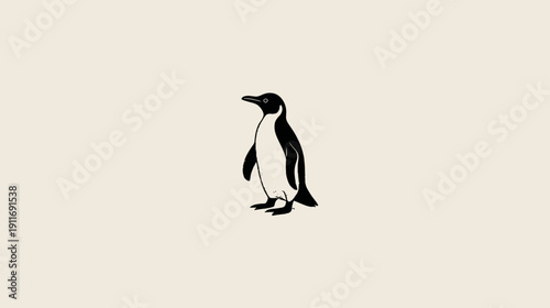 A simple, black and white illustration of a penguin standing upright on a pale beige background