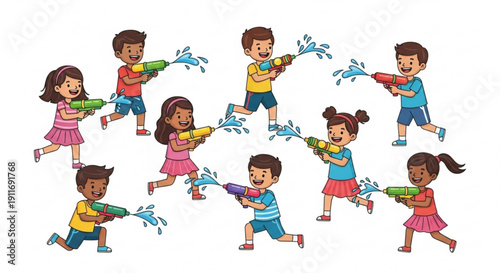 Diverse group of children playing with water guns splashing water in a fun summer activity isolated on white background