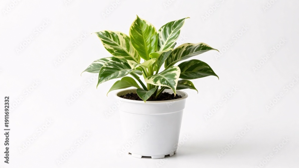Fototapeta premium A lush houseplant with vibrant variegated leaves in shades of green and creamy white grows from a simple white pot, isolated on a white background for a seamless and minimalist botanical aesthetic.