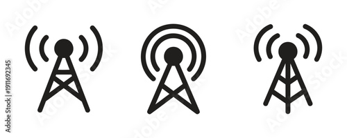 Set of communication tower icons representing signal transmission and wireless connectivity