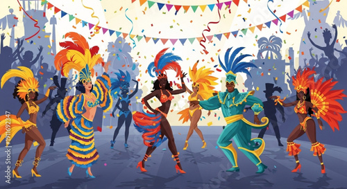 Vibrant Brazilian carnival dancers in colorful costumes celebrating with music and confetti concept for festival and party events