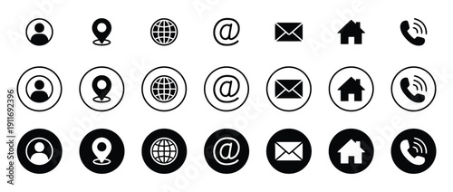 Set of contact icons showing person map globe email home and phone in various styles