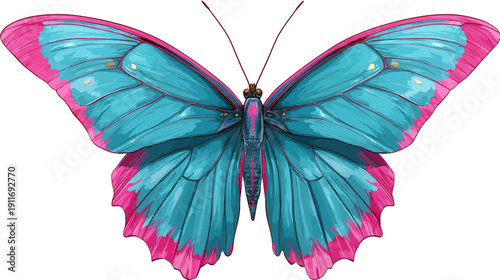 A vibrant, detailed illustration of a butterfly with teal wings and vibrant pink edges, symmetrical design