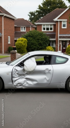 Silver car with deployed airbag and dent on door parked in suburban neighborhood driveway