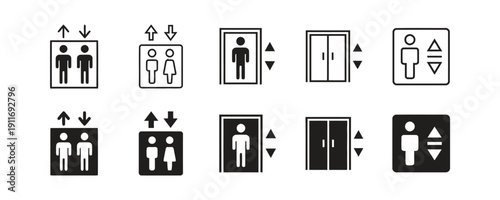 Set of elevator icons depicting people moving between floors