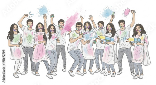 Group of young people celebrating Holi festival with colorful powder and water guns joyful illustration for festive events and cultur
