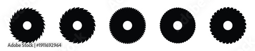 Set of five circular saw blade icons with sharp teeth for industrial cutting tools
