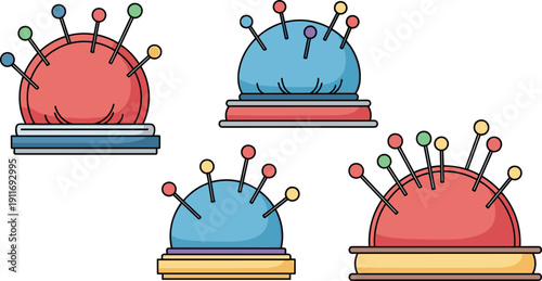 Sewing Pincushion Vector Illustration Set Featuring Diverse Red and Blue Round Fabric Cushions with Colorful Sewing Pins Icons