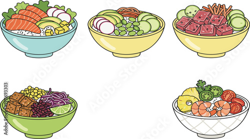 Healthy Poke Bowl Vector Illustration Set Featuring Fresh Salmon Tuna Tofu and Shrimp with Avocado Radish and Edamame Icons