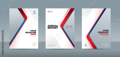 Minimalist cover template featuring sleek red, blue and charcoal gray chevron geometric lines on a clean white background. A4 size book cover template for annual report, magazine, booklet, proposal, p