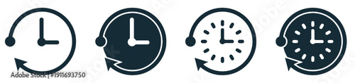 Set of four stylized clock icons with circular arrow representing time passing or time management