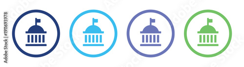 Set of government building icons in circle frames with different color options