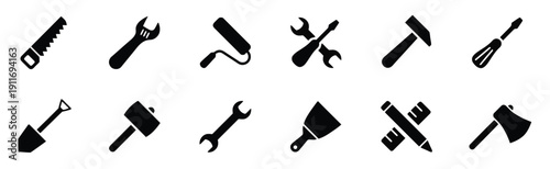 Set of hand tools icons on white background, various construction and repair instruments collection