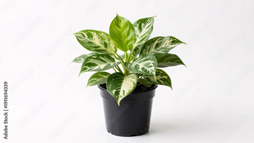 Fototapeta premium A healthy houseplant featuring vibrant green leaves with striking white and cream variegation sits in a simple black plastic nursery pot, isolated on a white background for a clean, natural aesthetic.