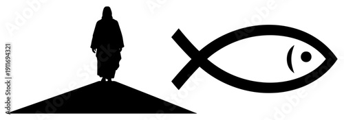 Christian silhouette of Jesus Christ standing on a hill with Ichthys fish symbol