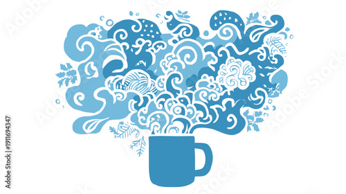 A blue mug with stylized steam rising into intricate cloud-like shapes with botanical accents