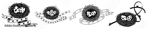 Hand drawn set of bird nests with spotted eggs and decorative ribbons with hearts in black and white style