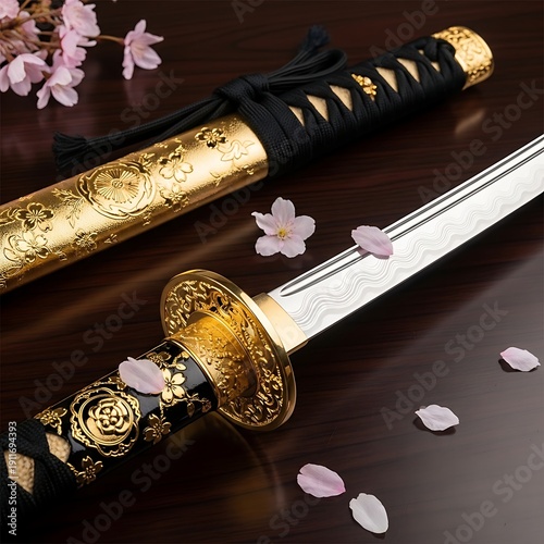 Elegant katana sword adorned with cherry blossoms on dark background