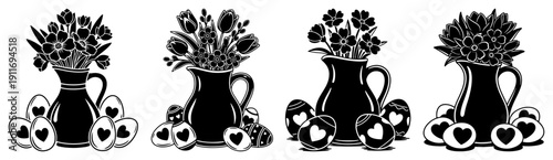 Beautiful floral easter compositions with spring flowers in vases surrounded by decorated eggs