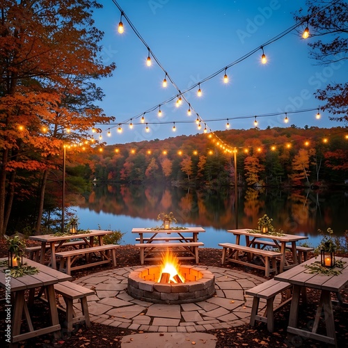 Serene evening gathering by the lakeside with warm firelight and string lights