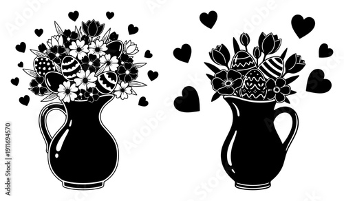 Easter floral bouquets in decorative pitchers with spring flowers and hearts