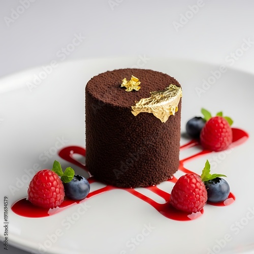 Elegant chocolate dessert with fresh berries and decorative drizzle on white plate