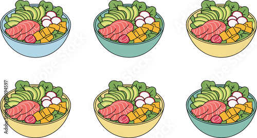 Healthy Salmon Poke Bowl Vector Illustration Set Featuring Fresh Fish Avocado Radish and Edamame in Colorful Ceramic Bowls