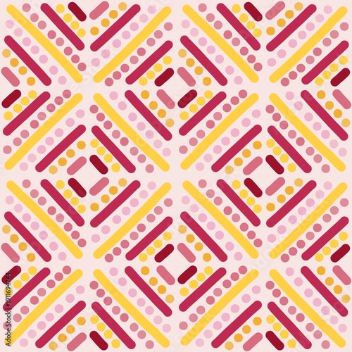 Cute Geometric Diamond Seamless Pattern with Dots and Lines, Pink Yellow Red Modern Abstract Repeat Background for Textile, Packaging and Digital Paper