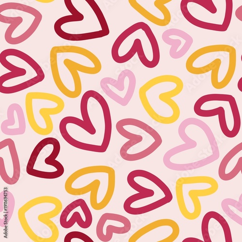 Cute Hand Drawn Heart Seamless Pattern Background, Pink Red Yellow Love Doodle Repeat Texture for Valentine, Kids Print, Fabric and Wrapping Paper