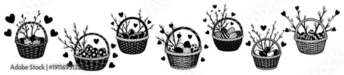 Hand drawn collection of Easter baskets filled with eggs and pussy willow branches with decorative hearts
