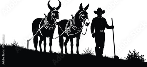 Farmer with two donkeys silhouette, rural farm life vector with man in cowboy hat and work mules, rustic agricultural landscape,