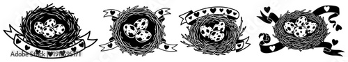 Collection of bird nests with spotted eggs and decorative ribbons for spring