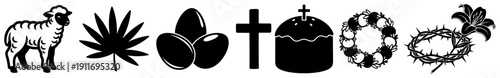 Set of black silhouette Easter icons with lamb palm leaf eggs and cross
