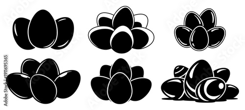 Collection of easter egg clusters and decorated egg groups in black and white silhouette