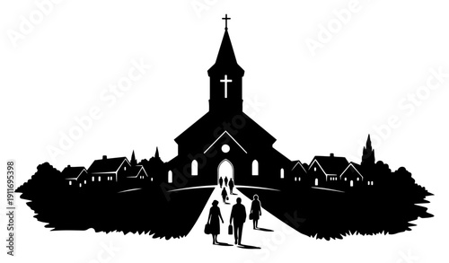 Silhouette of a village church with people walking towards the entrance for a religious service