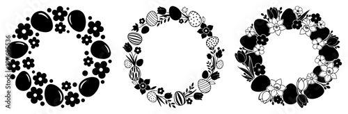 Set of three decorative Easter wreaths with eggs and spring flowers in silhouette and line art style