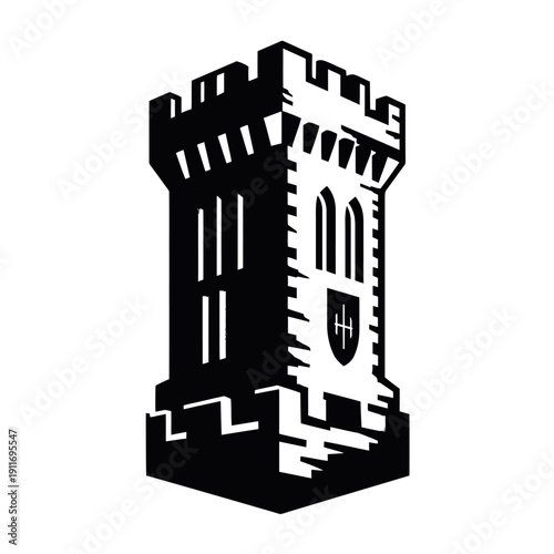 Black and white illustration of a tall, fortress tower with crenelated battlements