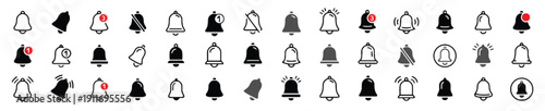 Set of notification bell icons in various styles and states