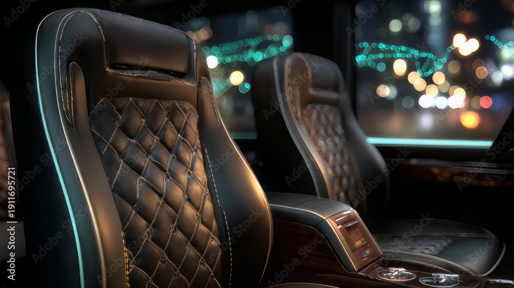 Naklejka premium Luxurious black leather vehicle interior features exquisite diamond quilting and ambient lighting highlighting executive comfort during nighttime city travel