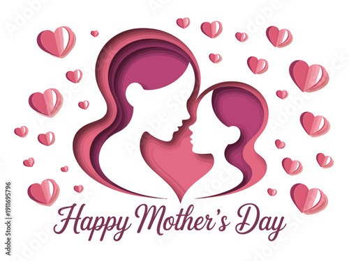 A heartwarming Mother's Day graphic with a mother and child silhouette surrounded by pink hearts