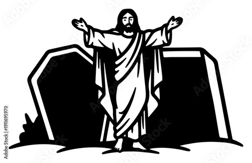 Silhouette of jesus christ rising from the empty tomb during the resurrection
