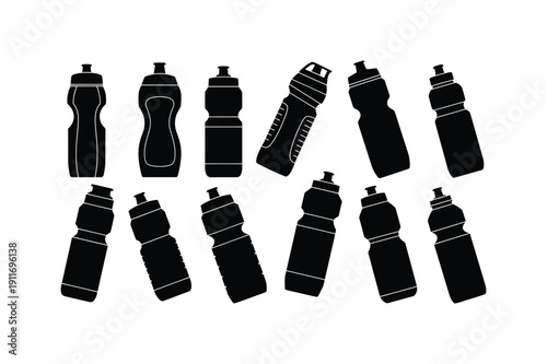 Silhouette of various beverages and drinkware in black on white background silhouette