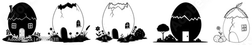 Set of whimsical houses shaped like eggshells with windows and doors in hand drawn style