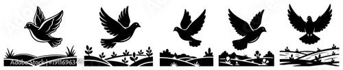 Collection of dove silhouettes flying over minimalist nature landscapes in black and white style