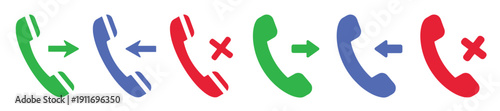 Set of six phone handset icons showing incoming call, outgoing call, and missed call in green, blue, and red