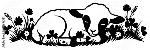 Cute baby lamb lying in a meadow with flowers in black and white silhouette